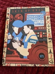 Cover of the 9front Dash 1 manual, SKIN OF EVIL edition. Features two characters wearing berets and work aprons measuring an object with a micrometer. There is a computer screen behind them with several repeating rows of text with blinkenlights below. There is also some magnetic tape storage in the upper-left corner.
