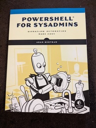 Powershell for Sysadmins book cover. Features a robot washing dishes