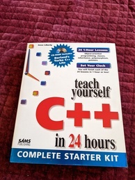 teach yourself C++ in 24 hours book cover. Mostly white with a lot of text talking about how great the book is. There is a graphic of half a clock on the left-hand side