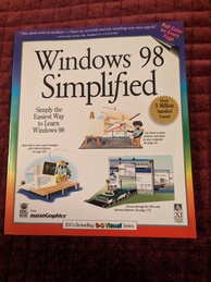 Windows 98 Simplified book cover. Features a variety of anthropomorphic floppy disks perferming various tasks like creating artworks, fishing, and driving a car through a highway with websites on it