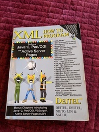 Cover of the XML How to Program book. Features an image of three insectoid dancers each wearing an outfit that is stereotypical to a particular job (surgeon, construction worker, and firefigher). They are posing with their arms arranged in the letters X, M, or L. There is also an extensive list of topics that are covered in the book in a bulleted list down the right-hand side.