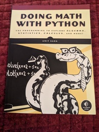 Doing Math with Python book. Shows a python wearing a tie and glasses doing mathematics on a blackboard.